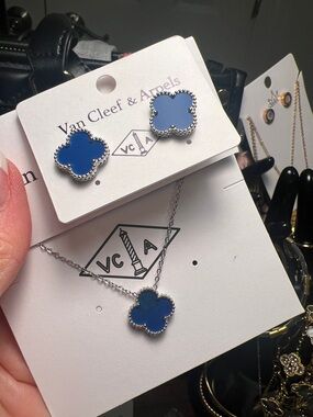Blue Enamel Alhambra Clover Necklace & Stud Earrings
